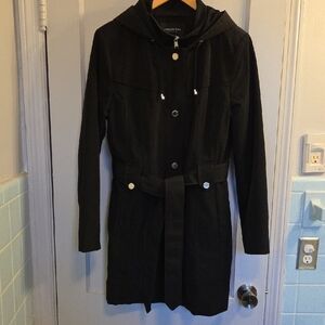 London Fog Black Trench/Rain Coat with Hood L